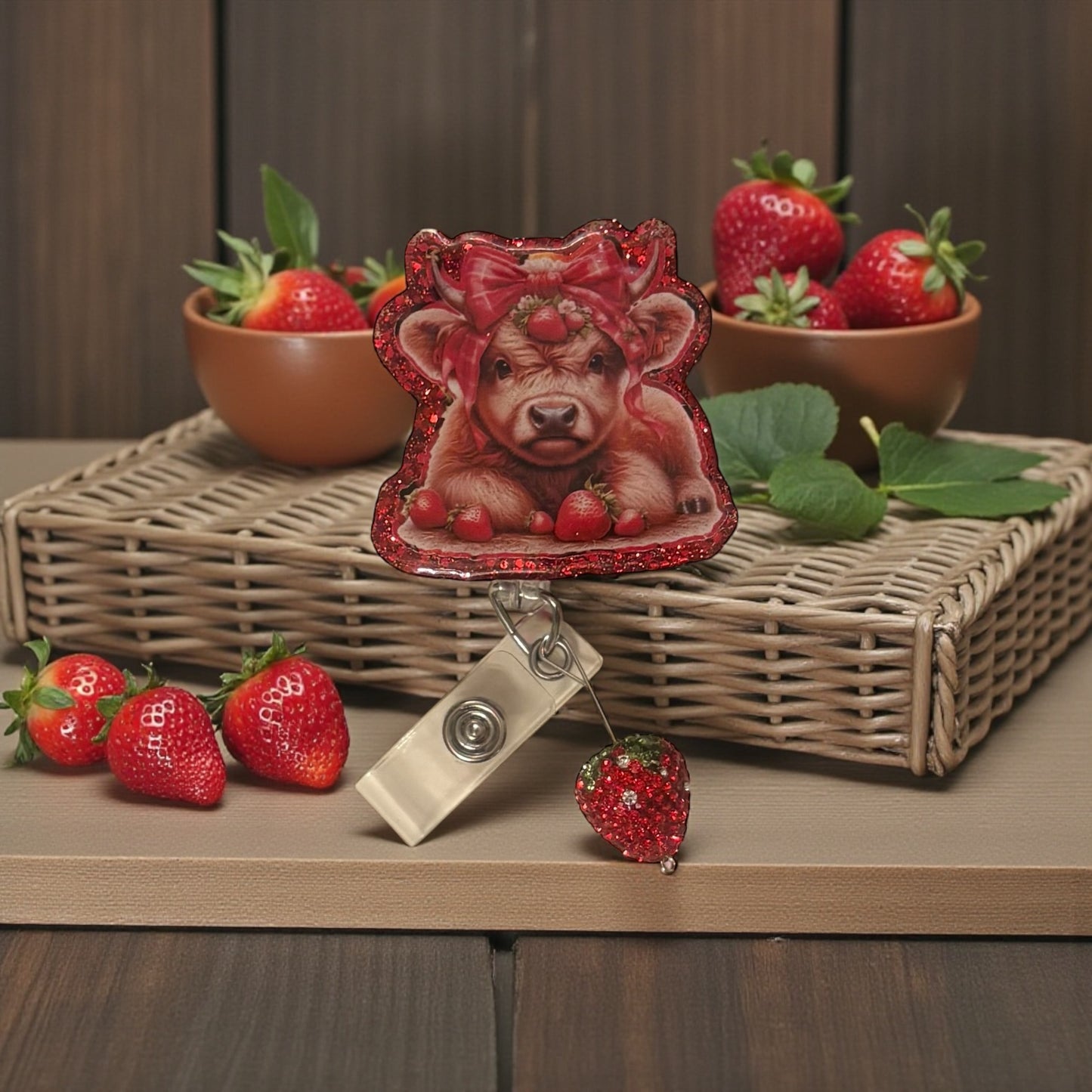 Strawberry Cow Badge Reel, Cute Cow Badge Reel