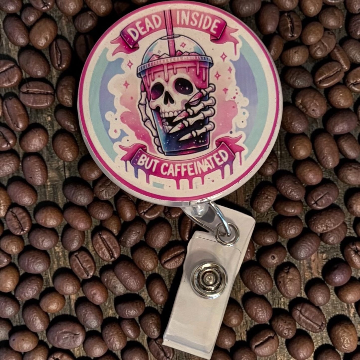Dead Inside but Caffeinated Badge Reel – Funny Nurse ID Clip | Coffee Lover Work Badge | Caffeine Addict Gift for Healthcare & Office Staff