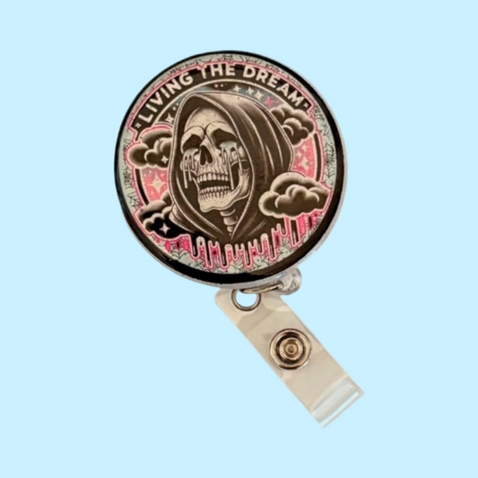 Living the Dream Badge Reel – Funny Skeleton Retractable ID Holder with Pink Drip Design