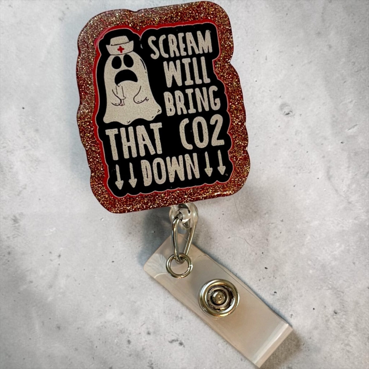 👻 “Scream Will Bring That CO2 Down” Ghost Nurse Badge Reel – Funny Halloween ID Holder