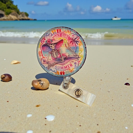 Hot Girl Summer Skeleton Badge Reel – Funny Retractable ID Holder with Beach Design