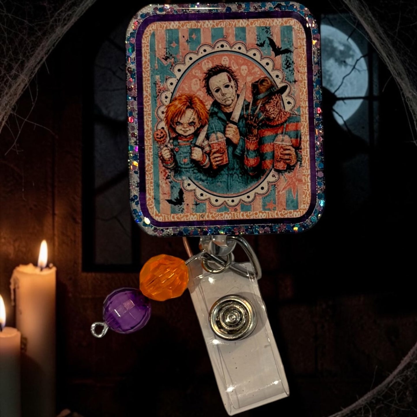 Vintage Horror Movie Trio Glitter Badge Reel | Halloween Retractable ID Badge Holder | Handmade Spooky Badge Reel