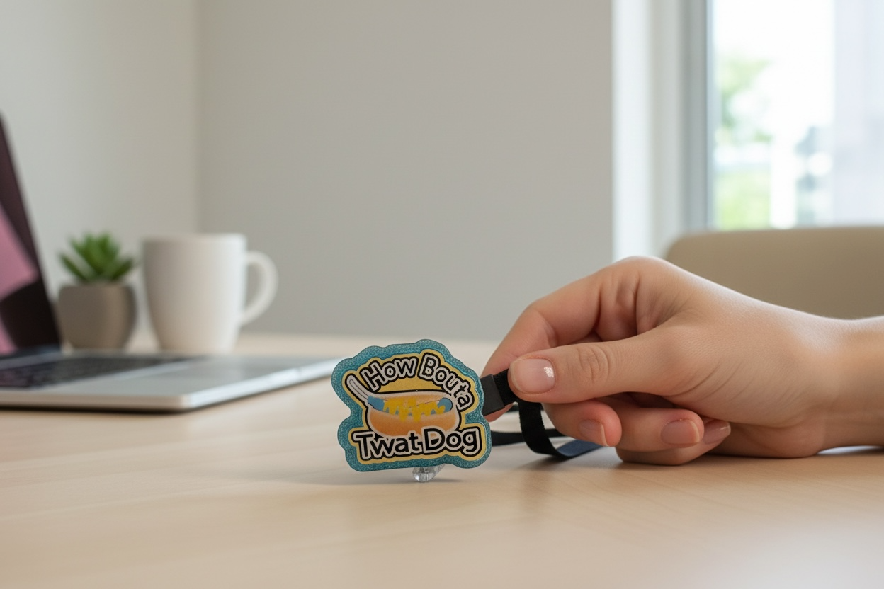 How Bout a Twat Dog Badge Reel – Funny Hot Dog Pun ID Holder