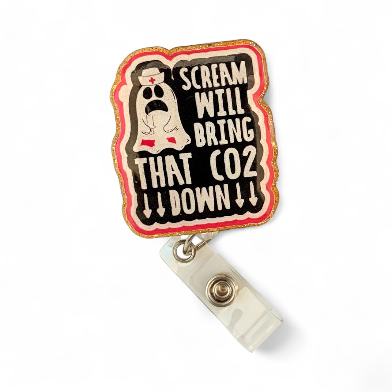 👻 “Scream Will Bring That CO2 Down” Ghost Nurse Badge Reel – Funny Halloween ID Holder