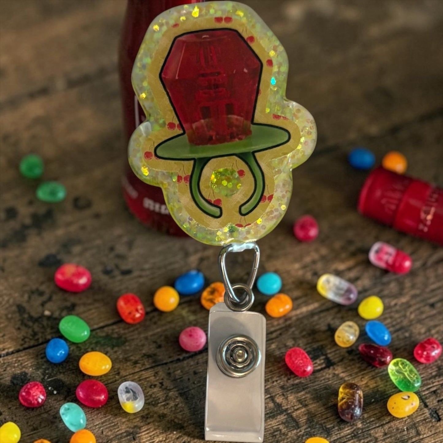 Glitter Ring Pop Badge Reel – Nostalgic Candy Inspired Badge Holder | Handmade Resin Badge Reel