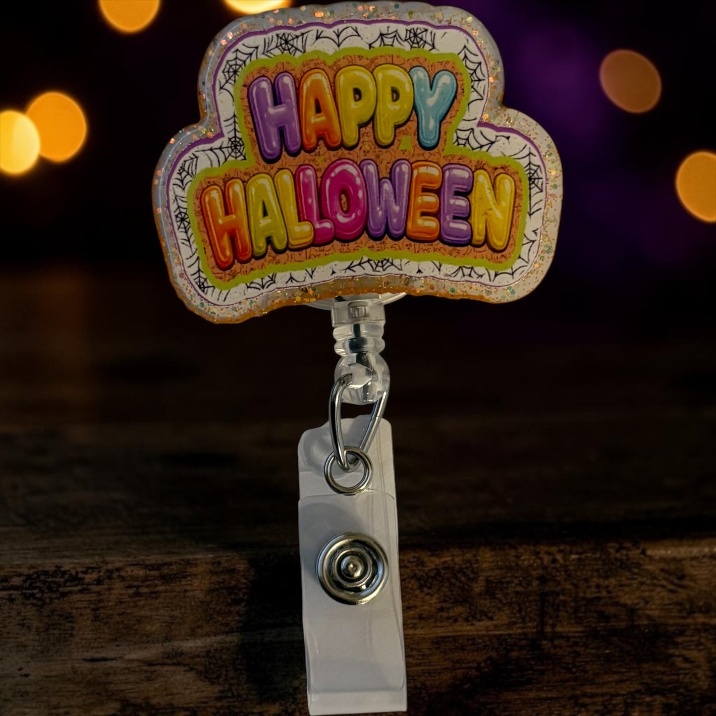 Happy Halloween Balloon Letter Badge Reel | Glitter Halloween Nurse Badge Holder | Cute Spooky Retractable ID Badge Clip