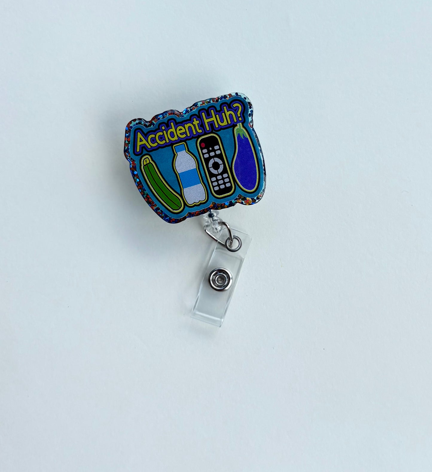 Accident Huh? Funny Badge Reel – Retractable ID Holder with Glitter Edge
