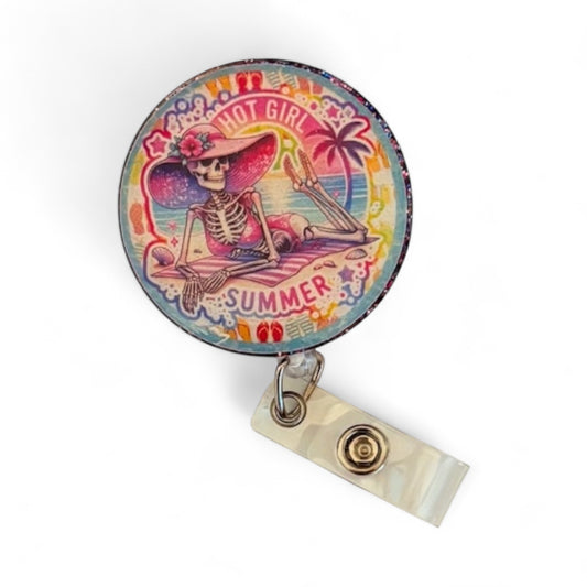 Hot Girl Summer Skeleton Badge Reel – Funny Retractable ID Holder with Beach Design