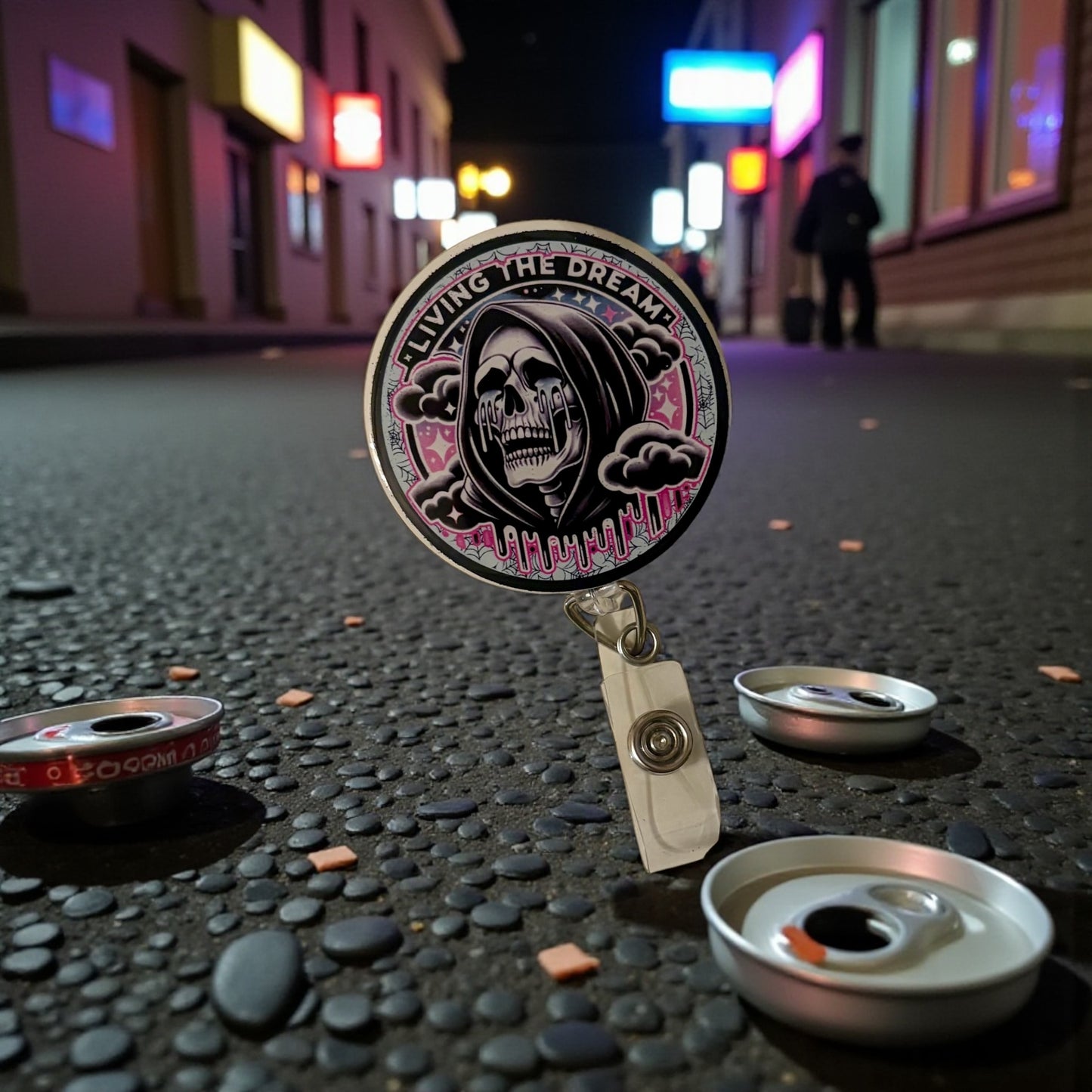 Living the Dream Badge Reel – Funny Skeleton Retractable ID Holder with Pink Drip Design