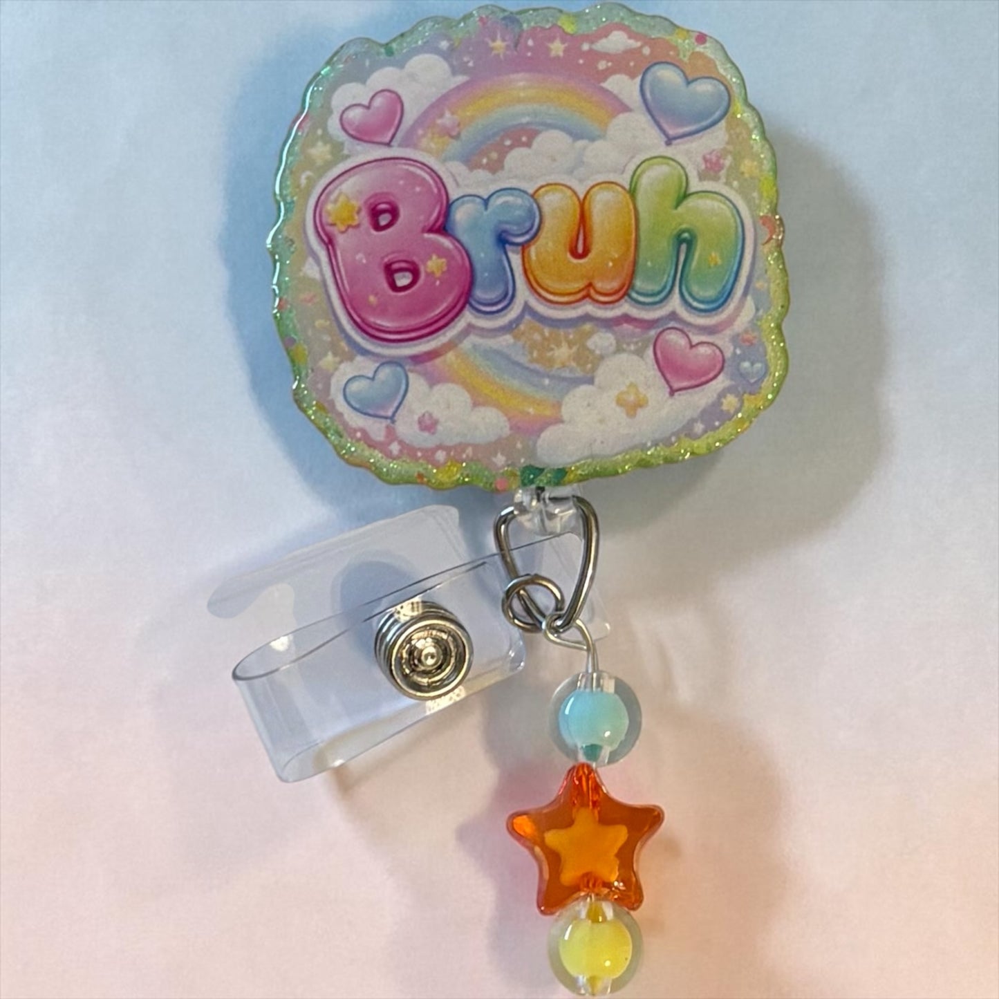 Pastel “Bruh” Rainbow Badge Reel – Cute Cloud & Heart Design