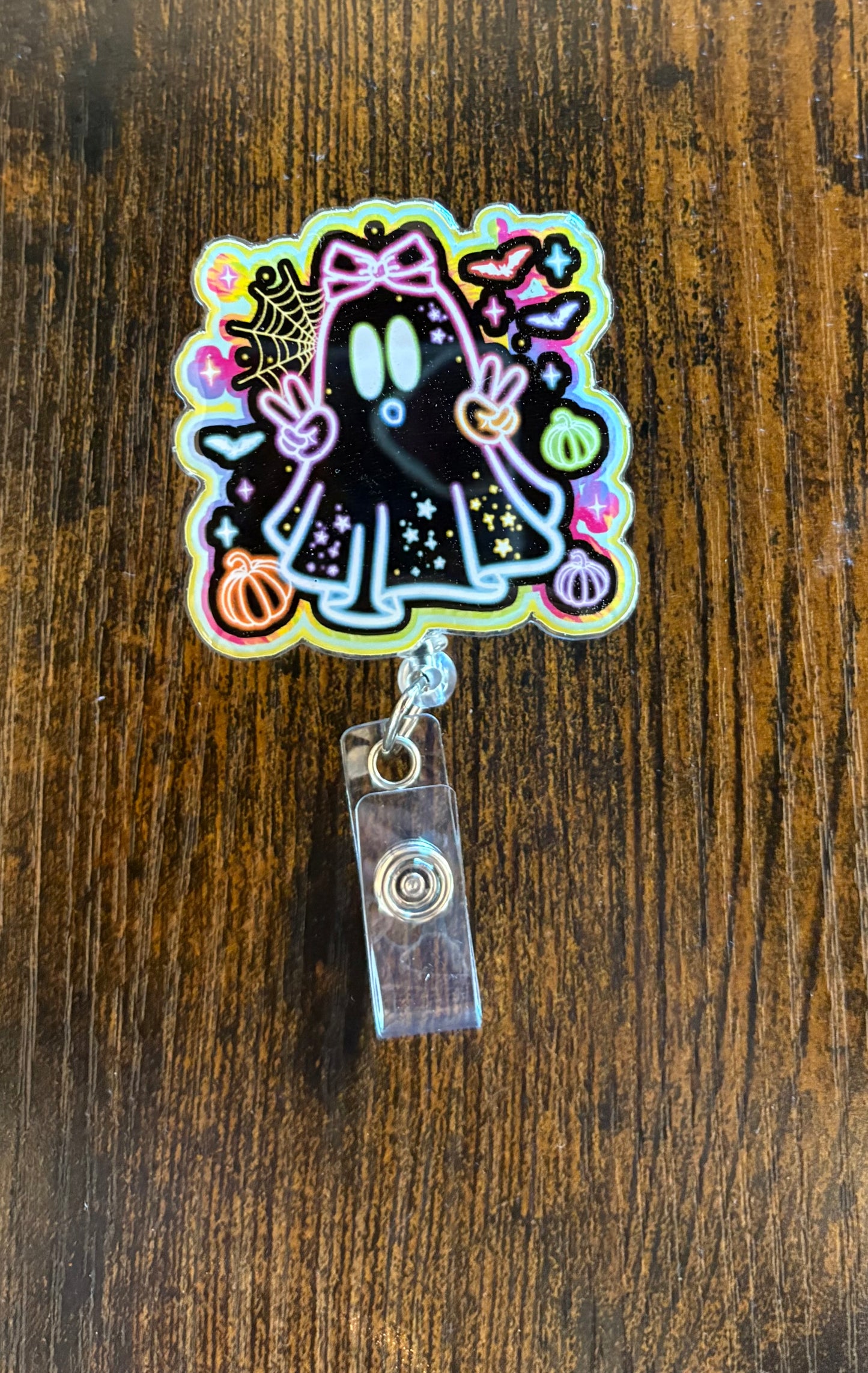Cute Ghost Badge Reel – Holographic Halloween ID Holder with Bow & Pumpkins