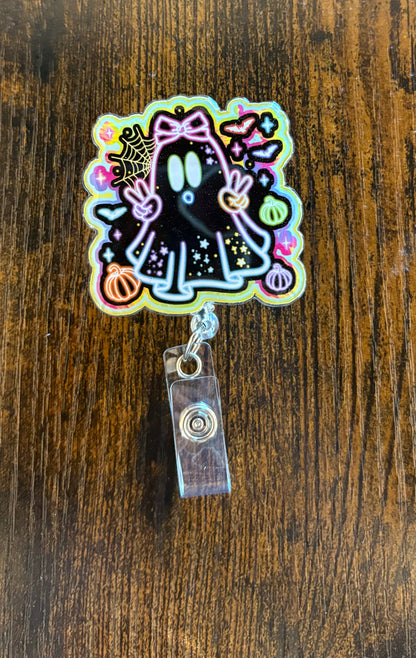 Cute Ghost Badge Reel – Holographic Halloween ID Holder with Bow & Pumpkins