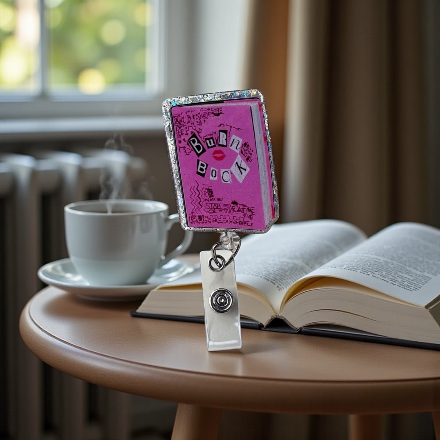 Burn Book Badge Reel – Mean Girls Nostalgia, Glitter Border, Retractable ID Holder