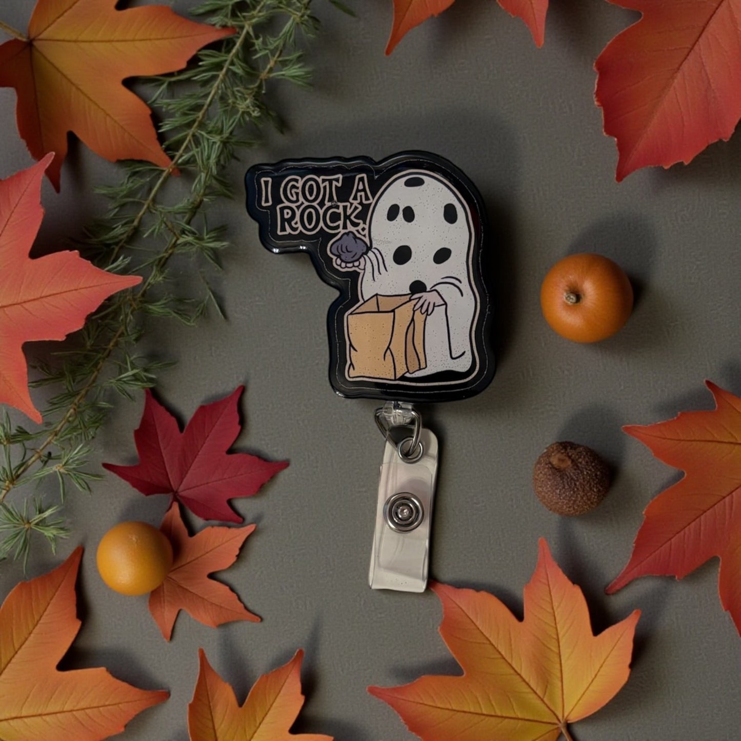 Rock Badge Reel, Funny Halloween Nurse ID Clip, Trick or Treat Ghost Badge Holder, Charlie Brown Fall Work Accessory