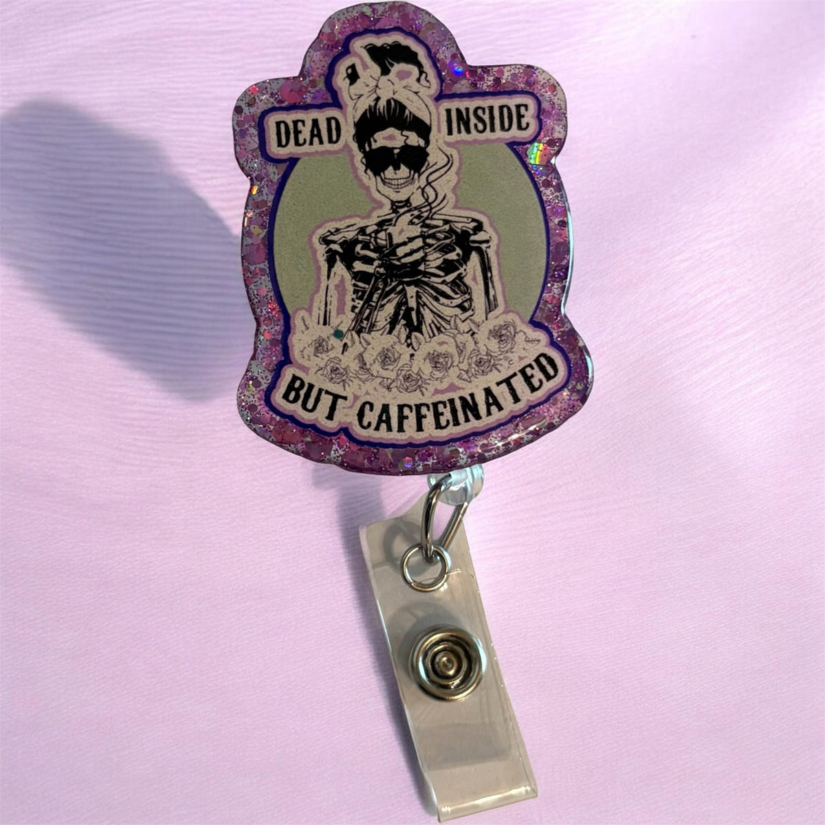 Dead Inside but Caffeinated Badge Reel – Funny Nurse ID Clip | Coffee Lover Work Badge | Caffeine Addict Gift for Healthcare & Office Staff
