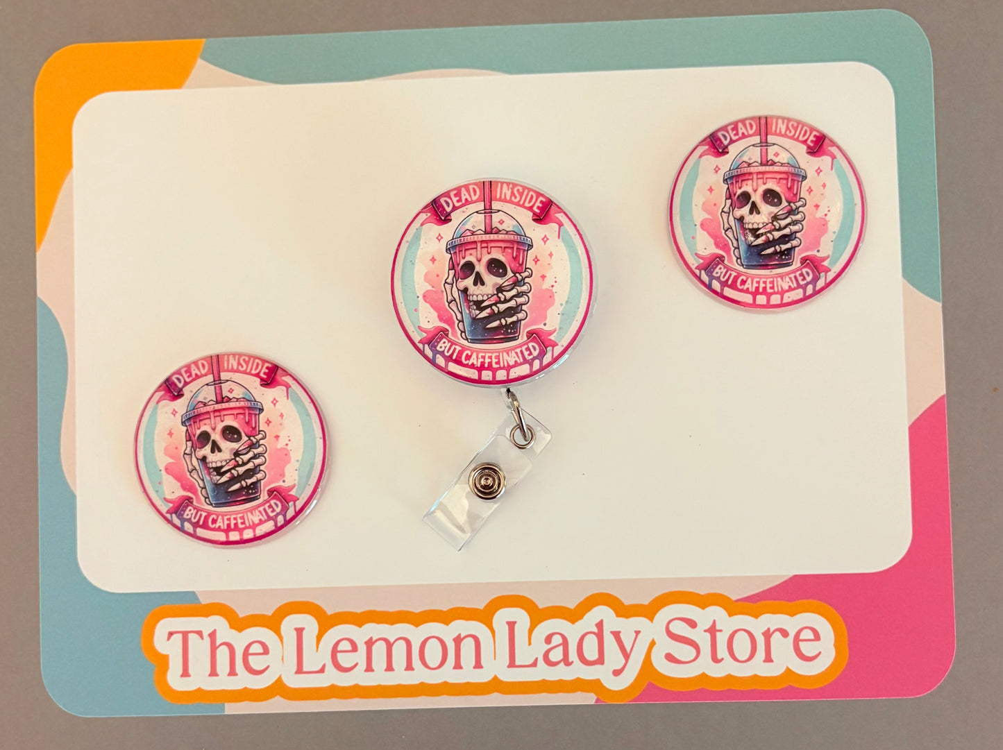 Dead Inside but Caffeinated Badge Reel – Funny Nurse ID Clip | Coffee Lover Work Badge | Caffeine Addict Gift for Healthcare & Office Staff