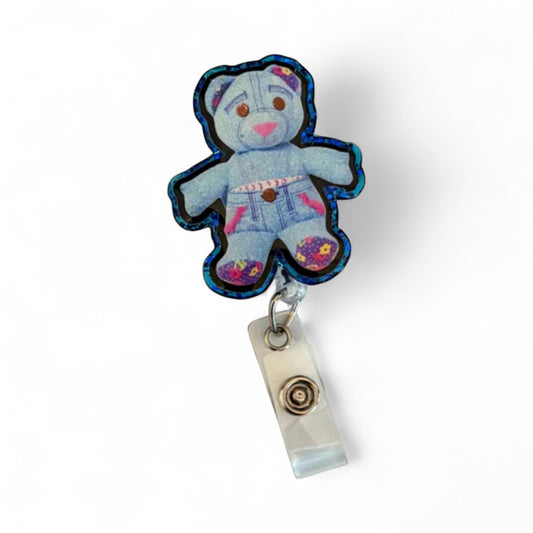 Denim Teddy Bear Badge Reel | Cute Nurse Badge Holder | Pediatric & NICU Badge Clip