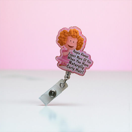 Curly Hair Humor Badge Reel – Cute Retractable ID Holder for Nurses & Professionals