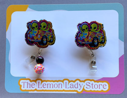 Groovy Alien Car Badge Reel – Funky Retro ID Holder | Nurse & Teacher Badge Clip