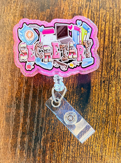 Secretary Badge Reel – Cute Glitter Office Badge Holder with Retractable Clip, Admin Assistant ID Reel, Office Staff Gift