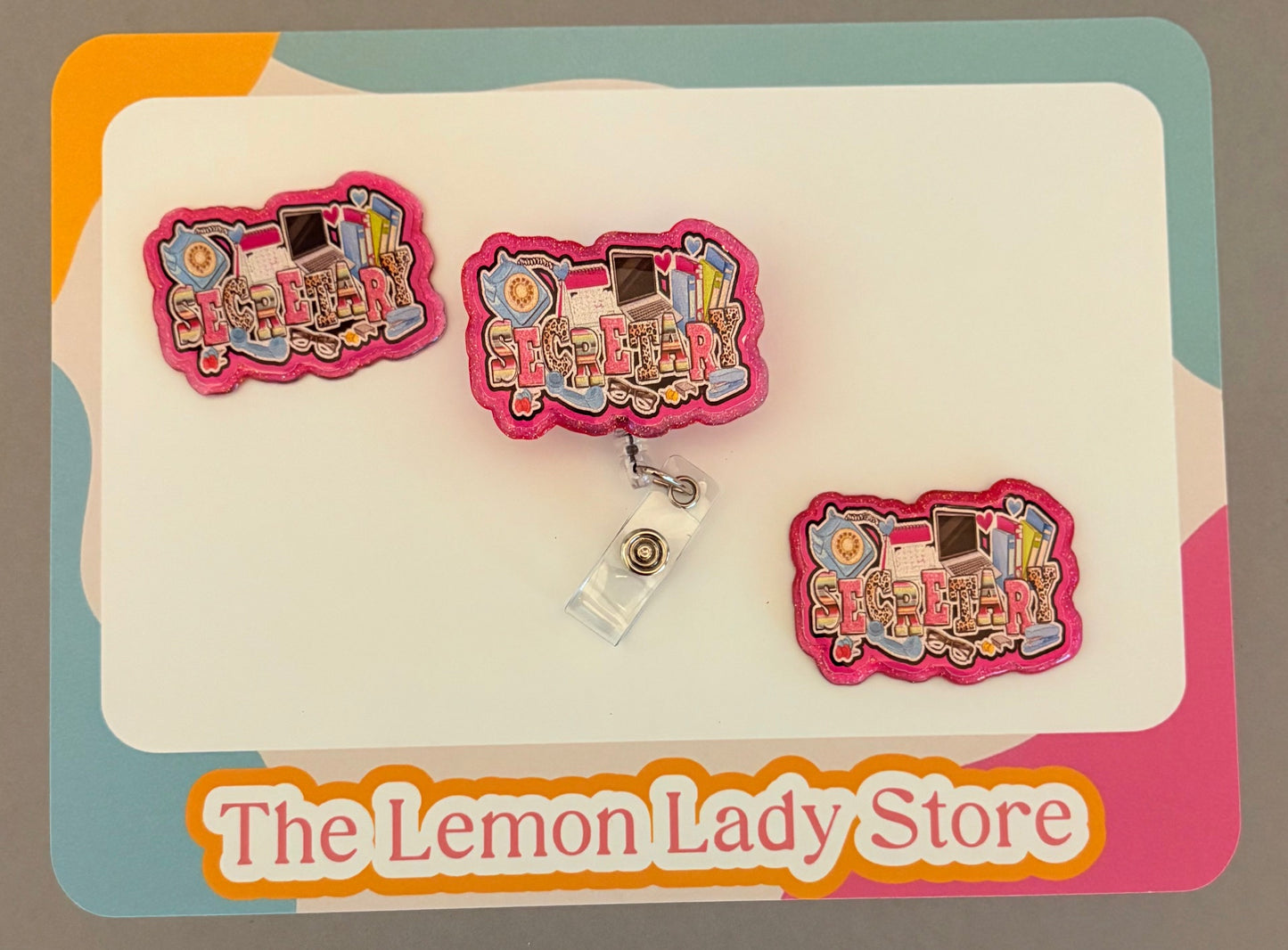 Secretary Badge Reel – Cute Glitter Office Badge Holder with Retractable Clip, Admin Assistant ID Reel, Office Staff Gift