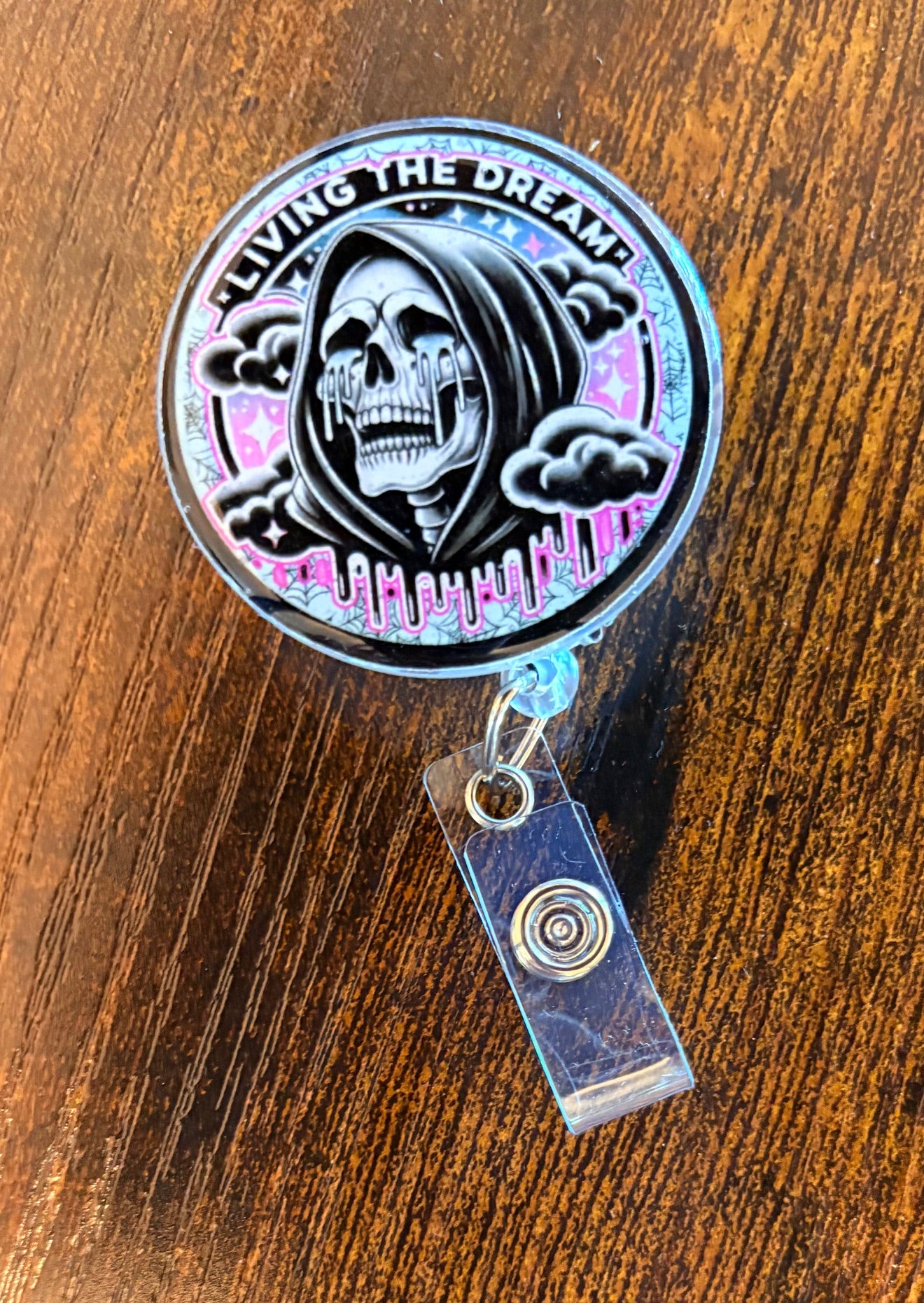Living the Dream Badge Reel – Funny Skeleton Retractable ID Holder with Pink Drip Design