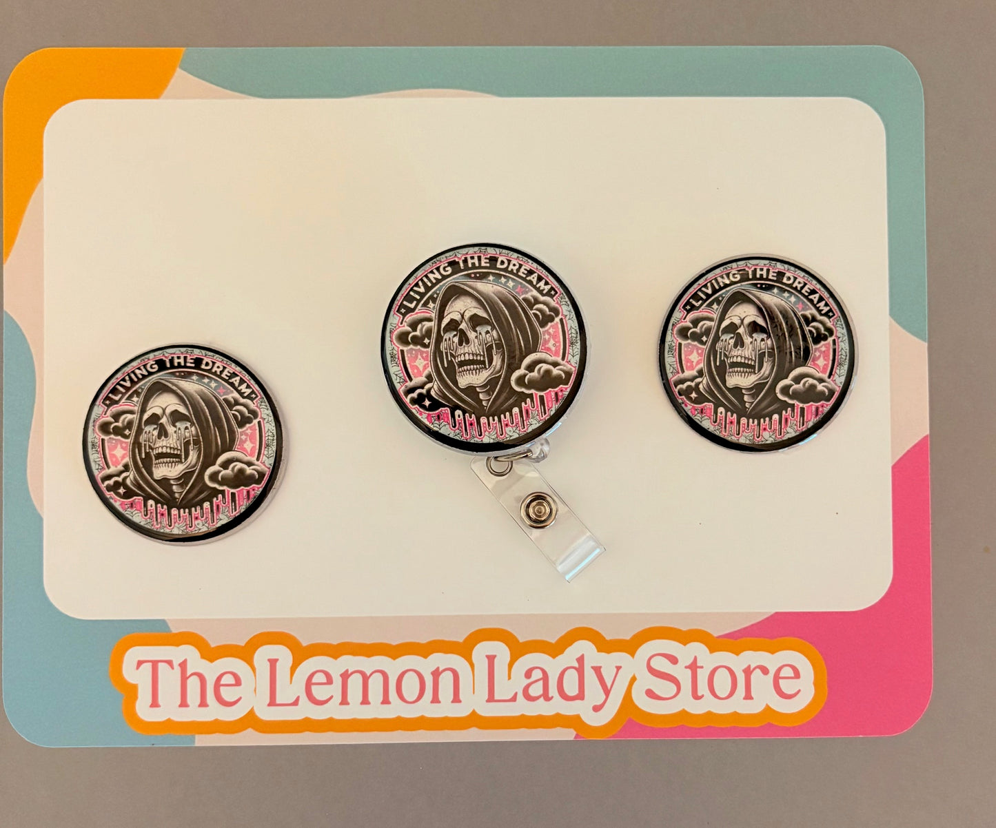 Living the Dream Badge Reel – Funny Skeleton Retractable ID Holder with Pink Drip Design