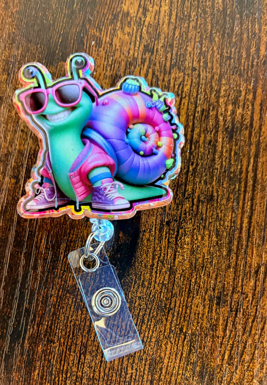 Cool Snail Badge Reel – Funny Colorful Retractable ID Holder with Sunglasses Snail Design