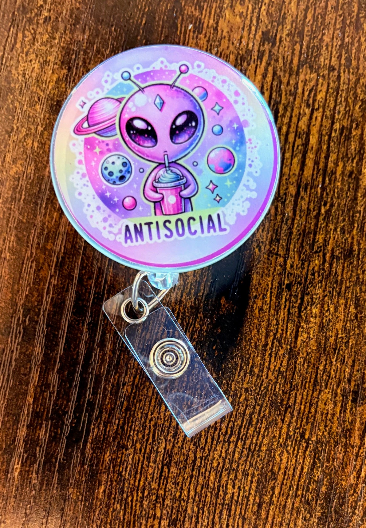 Glow in the Dark Antisocial Alien Badge Reel – Funny Galaxy Retractable ID Holder