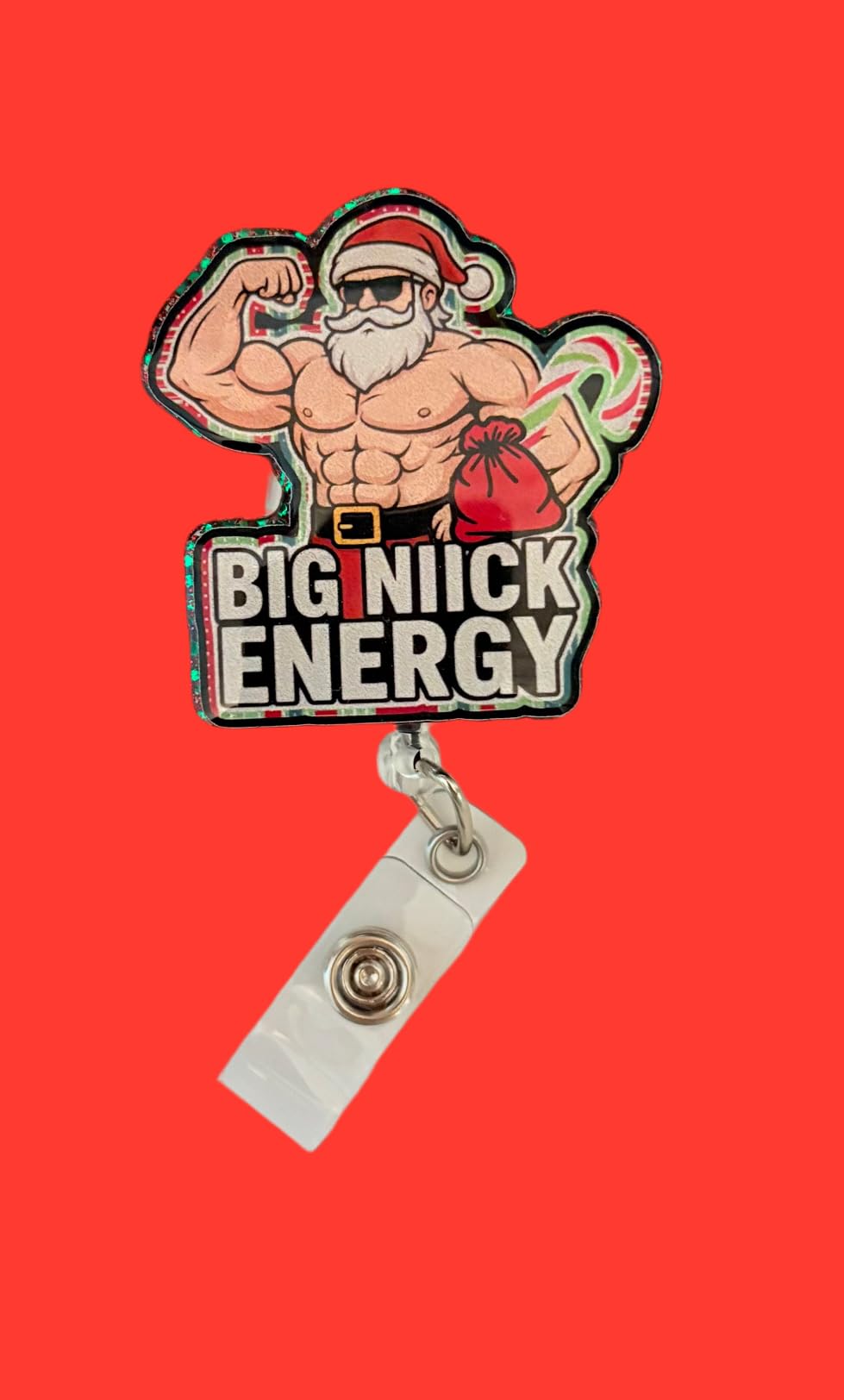 Funny Christmas Retractable ID Holder, Holiday Nurse Badge Reel, Santa Claus Muscles Novelty Gift