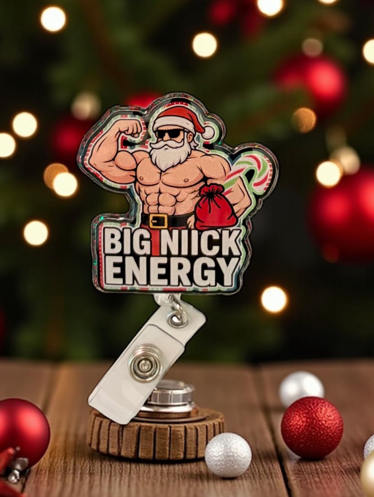Funny Christmas Retractable ID Holder, Holiday Nurse Badge Reel, Santa Claus Muscles Novelty Gift