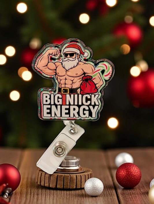 Funny Christmas Retractable ID Holder, Holiday Nurse Badge Reel, Santa Claus Muscles Novelty Gift