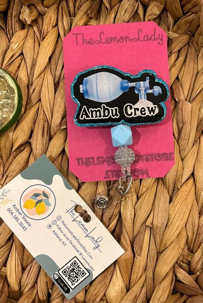 Ambu Crew Badge Reel – Respiratory Therapist Gift, ER Nurse ID Holder, ICU Badge Reel, Funny Medical Badge, Glitter Retractable Reel