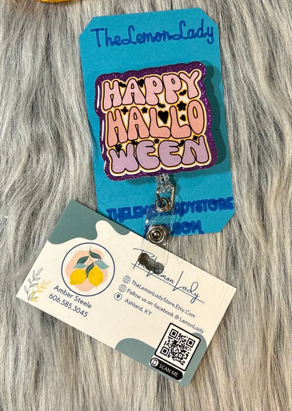 Retro Halloween Badge Reel – Happy Halloween Cute ID Clip | Vintage-Inspired Nurse Badge Holder | Spooky Fall Work Accessory