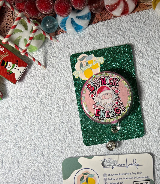 Funny Christmas Badge Reel – Big Nick Energy Badge, Naughty Santa Nurse Reel, Holiday Gift for Coworker, RN Gag Gift