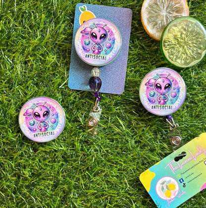 Glow in the Dark Antisocial Alien Badge Reel – Funny Galaxy Retractable ID Holder