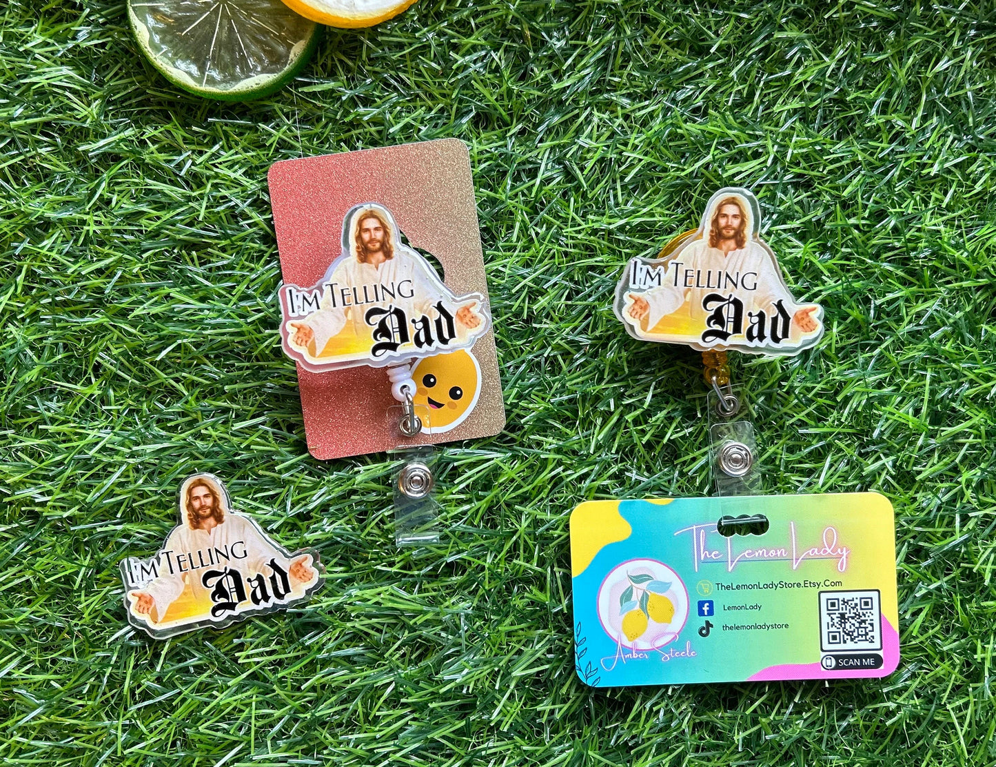 Funny Jesus Badge Reel – “I’m Telling Dad” Nurse ID Clip, Glow in the Dark Badge Reel, Religious Humor Gift