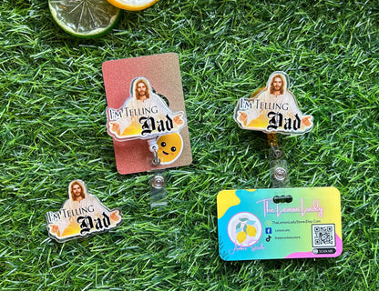 Funny Jesus Badge Reel – “I’m Telling Dad” Nurse ID Clip, Glow in the Dark Badge Reel, Religious Humor Gift