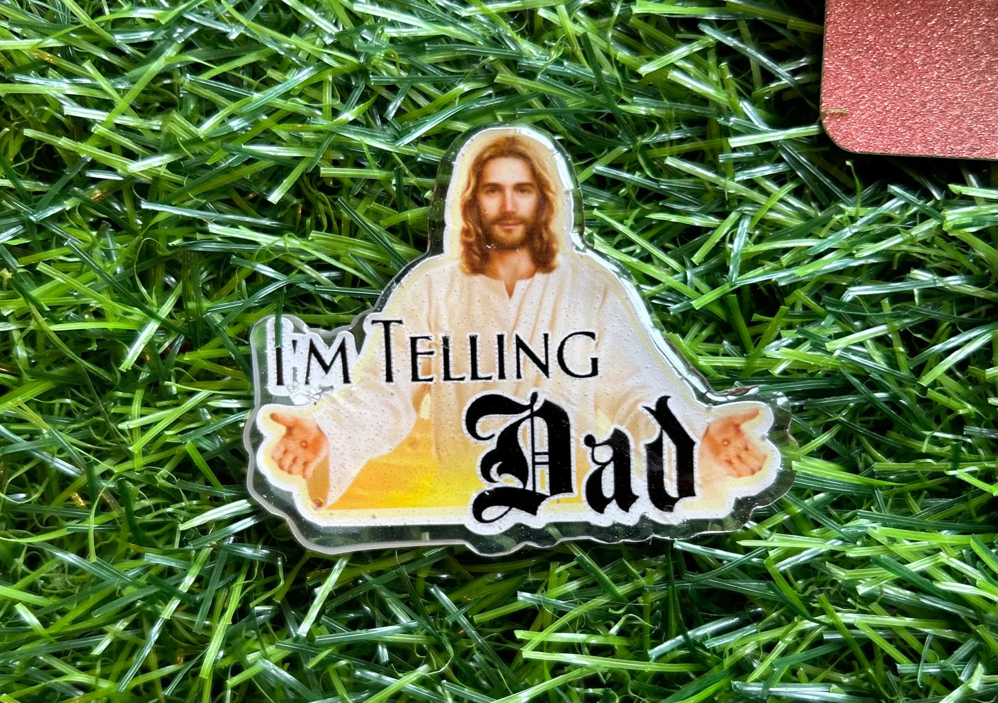 Funny Jesus Badge Reel – “I’m Telling Dad” Nurse ID Clip, Glow in the Dark Badge Reel, Religious Humor Gift