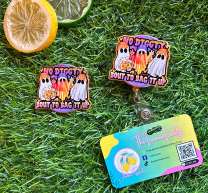 Funny Halloween Badge Reel – No Diggity Bout to Bag It Up | Ghost ID Clip | Nurse Badge Holder | Cute Spooky Fall Work Accessory