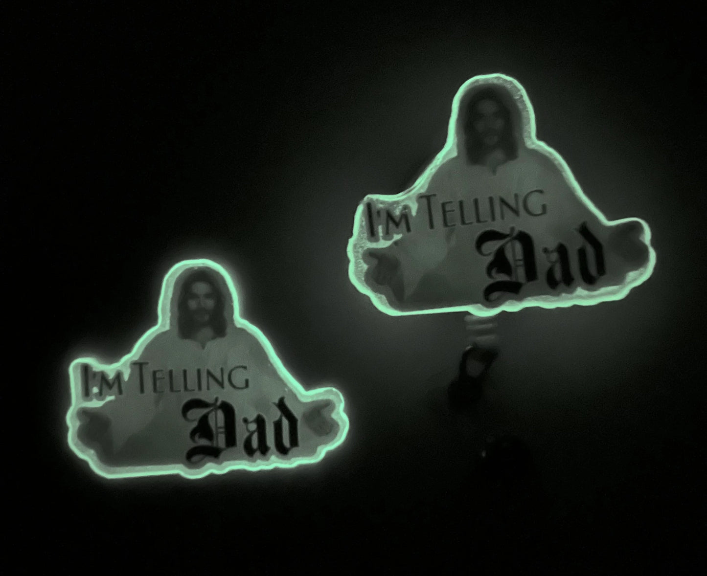Funny Jesus Badge Reel – “I’m Telling Dad” Nurse ID Clip, Glow in the Dark Badge Reel, Religious Humor Gift