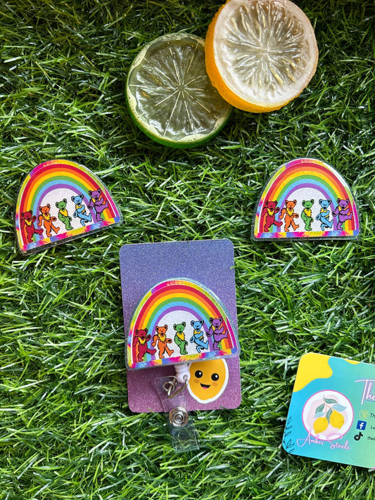 Dancing Bears Badge Reel, Rainbow Nurse ID Clip, Hippie Badge Holder, Cute Medical Accessory