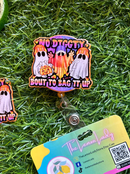 Funny Halloween Badge Reel – No Diggity Bout to Bag It Up | Ghost ID Clip | Nurse Badge Holder | Cute Spooky Fall Work Accessory