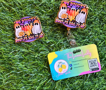 Funny Halloween Badge Reel – No Diggity Bout to Bag It Up | Ghost ID Clip | Nurse Badge Holder | Cute Spooky Fall Work Accessory