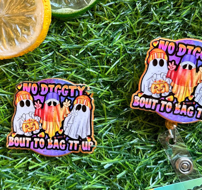 Funny Halloween Badge Reel – No Diggity Bout to Bag It Up | Ghost ID Clip | Nurse Badge Holder | Cute Spooky Fall Work Accessory