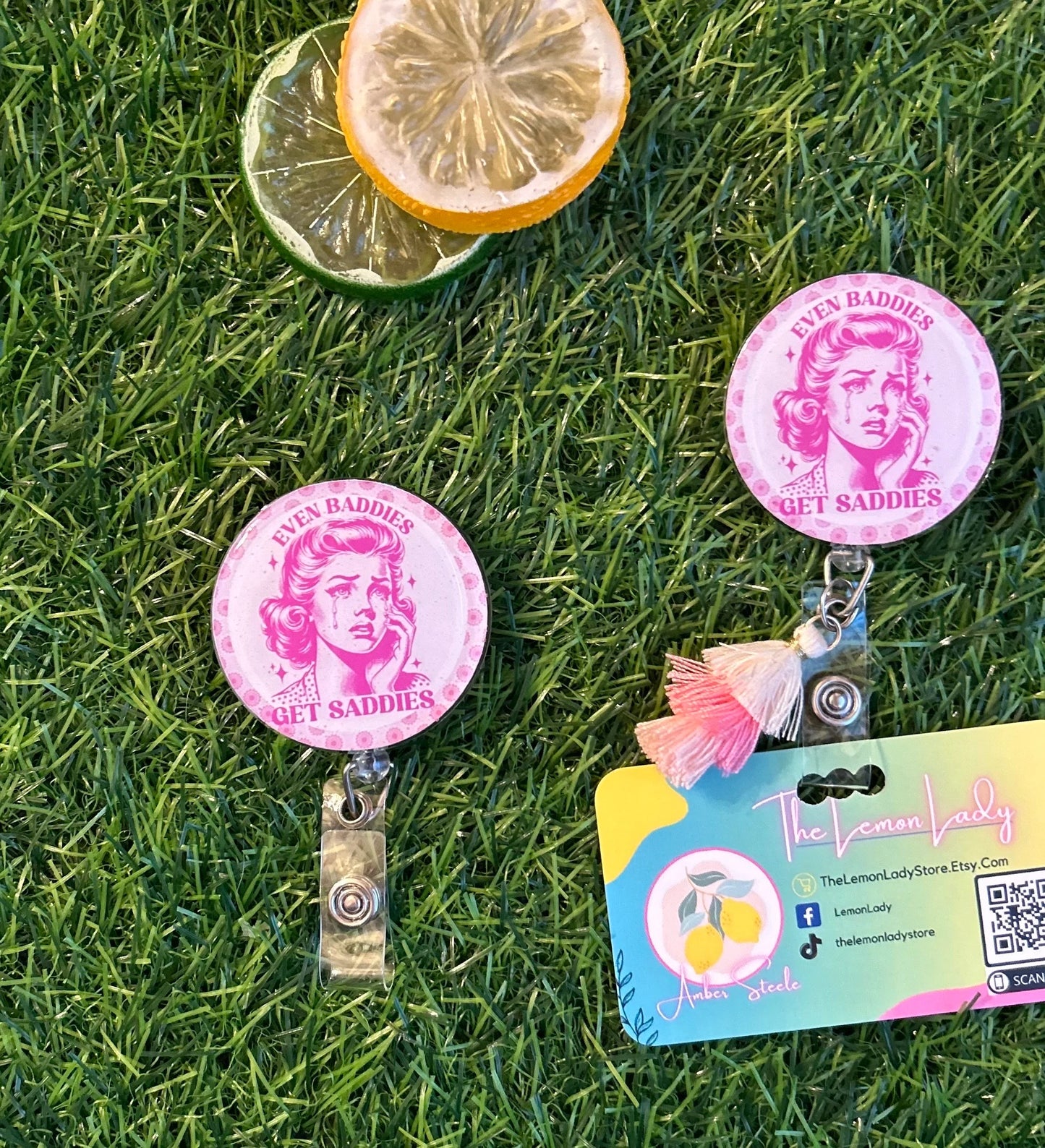 Even Baddies Get Saddies Badge Reel – Retro Pink Nurse ID Holder