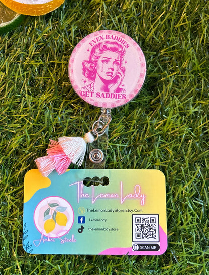 Even Baddies Get Saddies Badge Reel – Retro Pink Nurse ID Holder