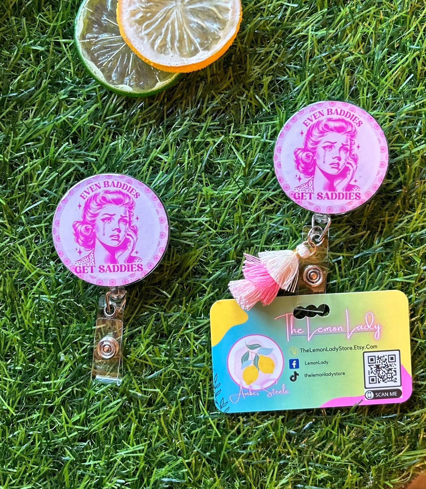 Even Baddies Get Saddies Badge Reel – Retro Pink Nurse ID Holder