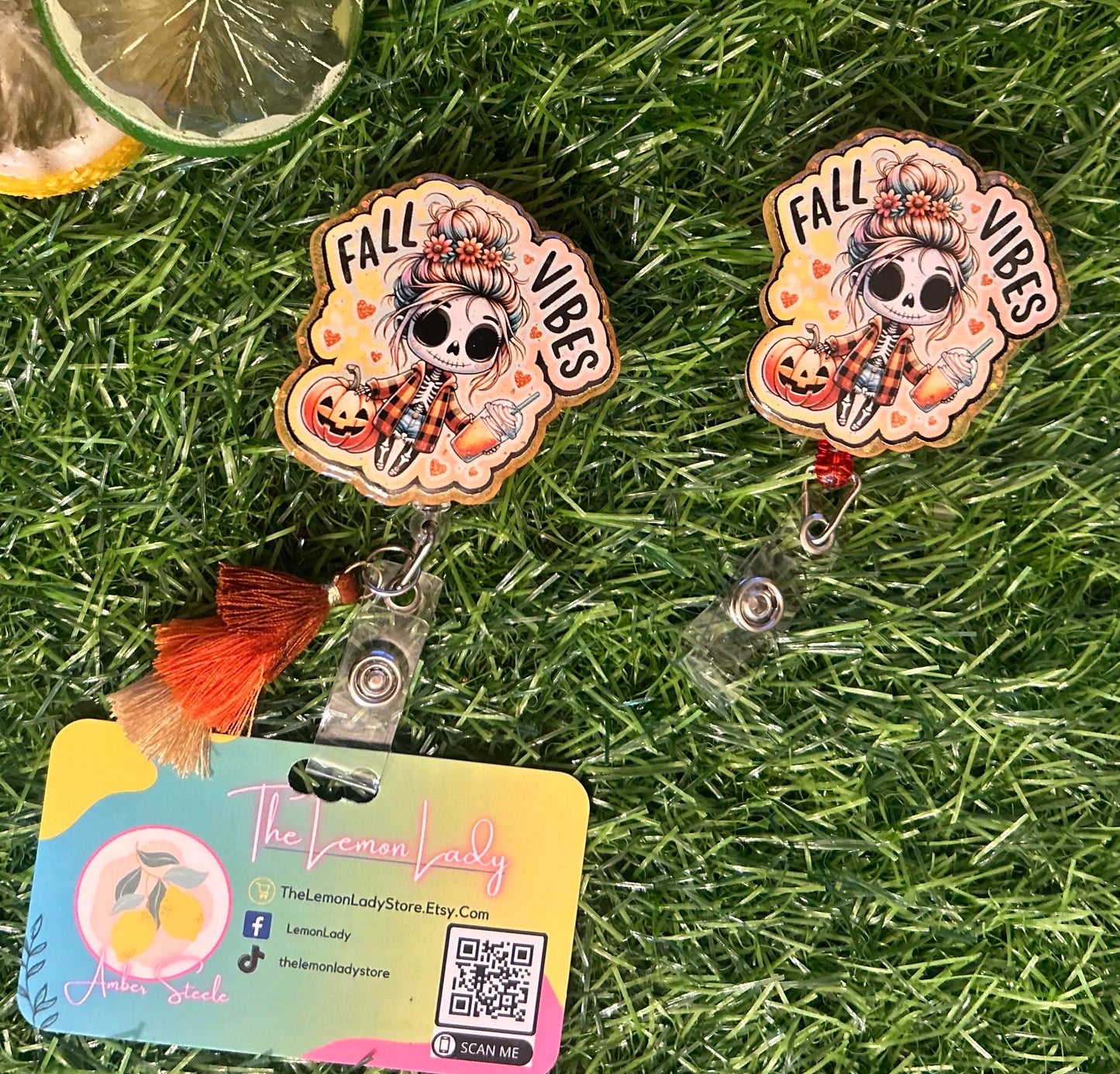 Fall Vibes Badge Reel – Cute Skeleton Pumpkin Clip for Nurses, Teachers, or Office Staff