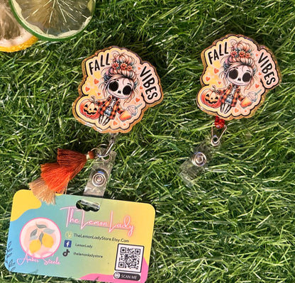 Fall Vibes Badge Reel – Cute Skeleton Pumpkin Clip for Nurses, Teachers, or Office Staff